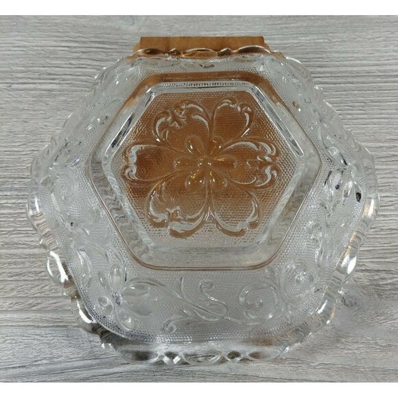 VTG Duncan & Miller Floral Pressed Sandwich Glass Textured Surface Hexagon Bowl - Picture 2 of 12